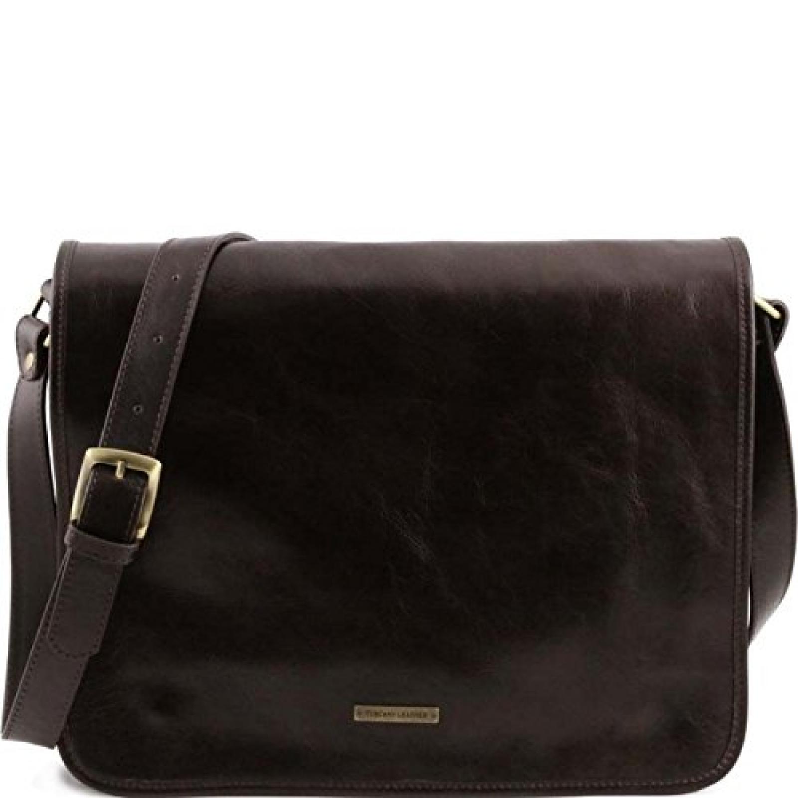 Tuscany Leather - TL Messenger - Umh&auml;ngetasche aus Leder mit zwei F&auml;cher - Gross Dunkelbraun - TL141254/5 