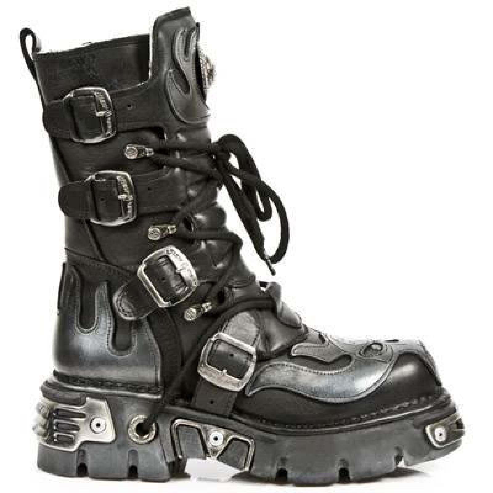 New Rock Boots @ Metal Schuhe @ Stiefel Rock @ Punk Goth @ Schwarz & Silber (Black & Silver) 