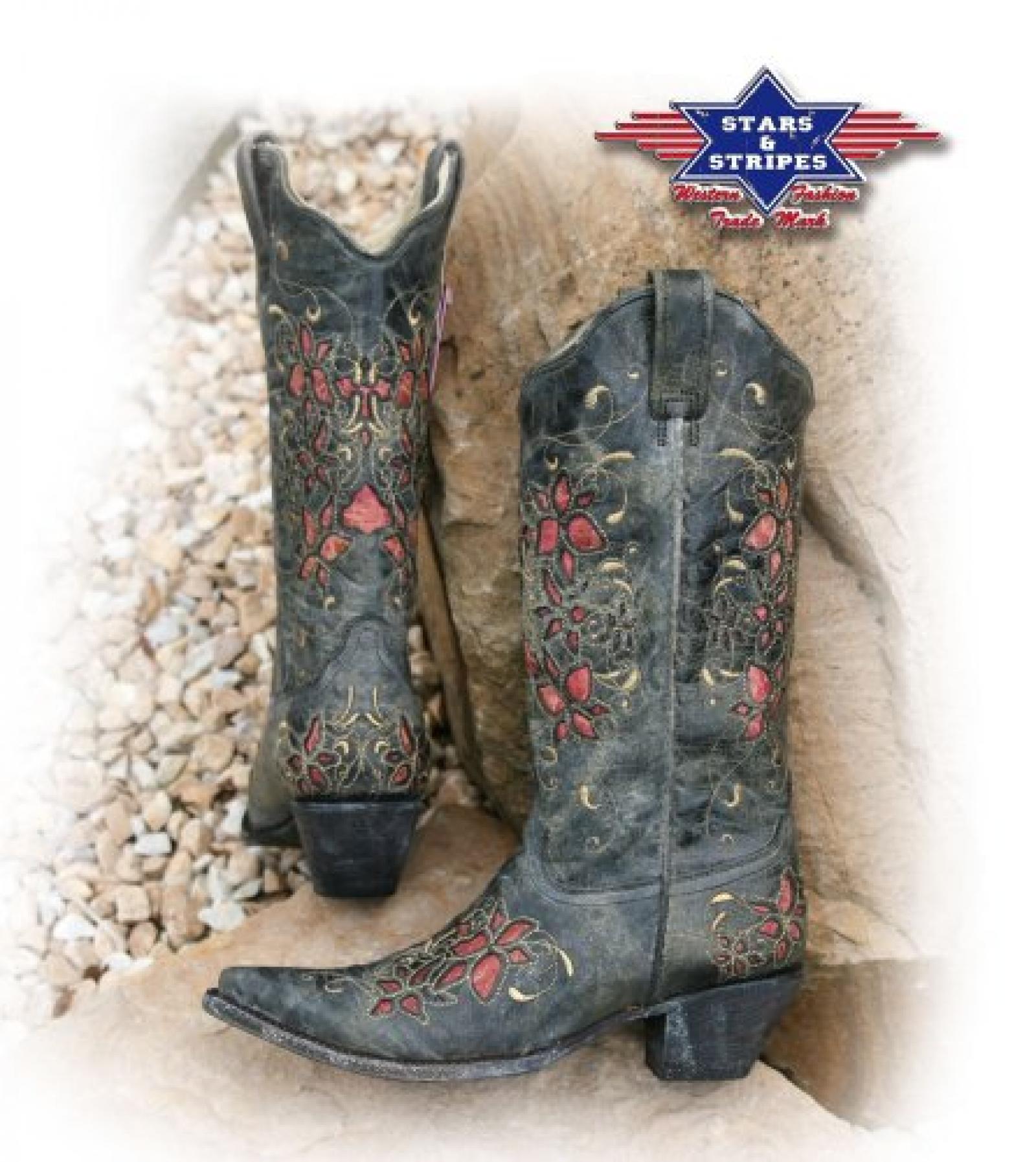 Stars & Stripes Westernstiefel Leder Damen Schn&uuml;rstiefel "WBL-08" braun mit Stick 36 bis 41 